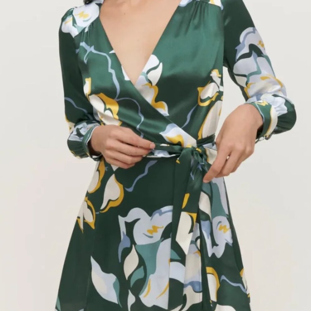 NWOT Reformation Chrissy Dress Floral Silk Wrap Mini Dress in Lyra Green XS $278 - Picture 6 of 14